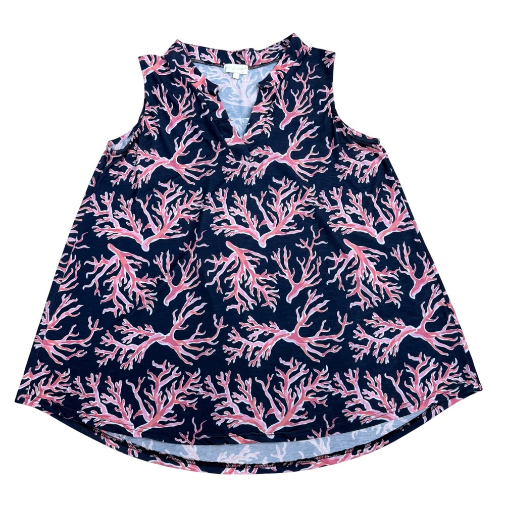 Simply Southern Navy Pink Coral Print Sleeveless Top Womens Size L Coastal Chic